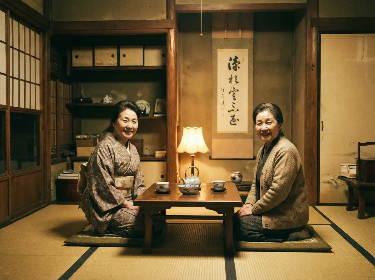 两位优雅的 51轻量 在日式茶室中品茶交谈